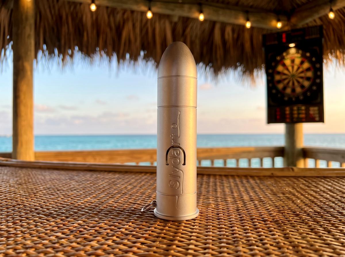 Slydart Silver Bullet dart sharpener on a tropical veranda with a dartboard and ocean behind